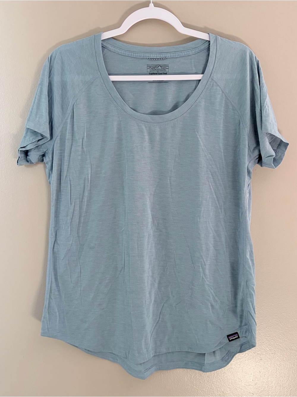 Patagonia Capilene Cool Trail Shirt Womens Size XL Blue Scoop Neck Short Sleeve